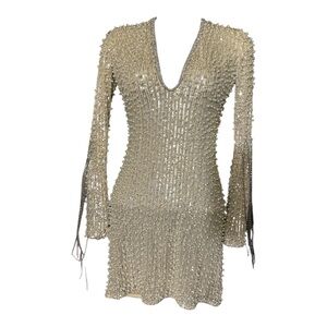 Ivory Long Sleeve Pearl, sequence, & Rhinestone Mini Dress Size 4=Small
